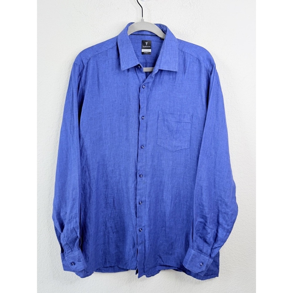 Van Heusen 100% Irish Linen Button Up Shirt Custom Fit 16.5 42 Royal Blue Preppy